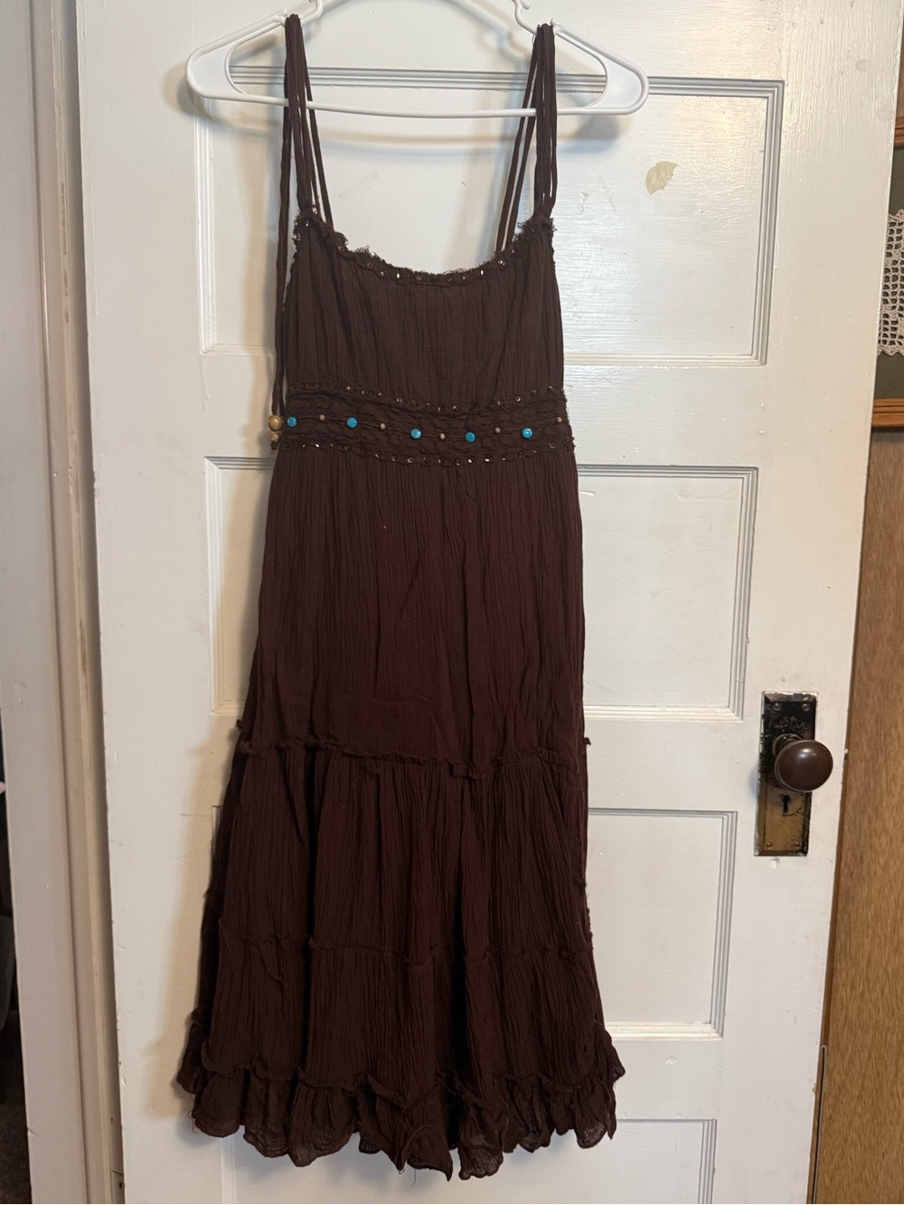 A-List By Wrapper brown midi dress w/blue & brown beads, ruffled tiers Size 7
